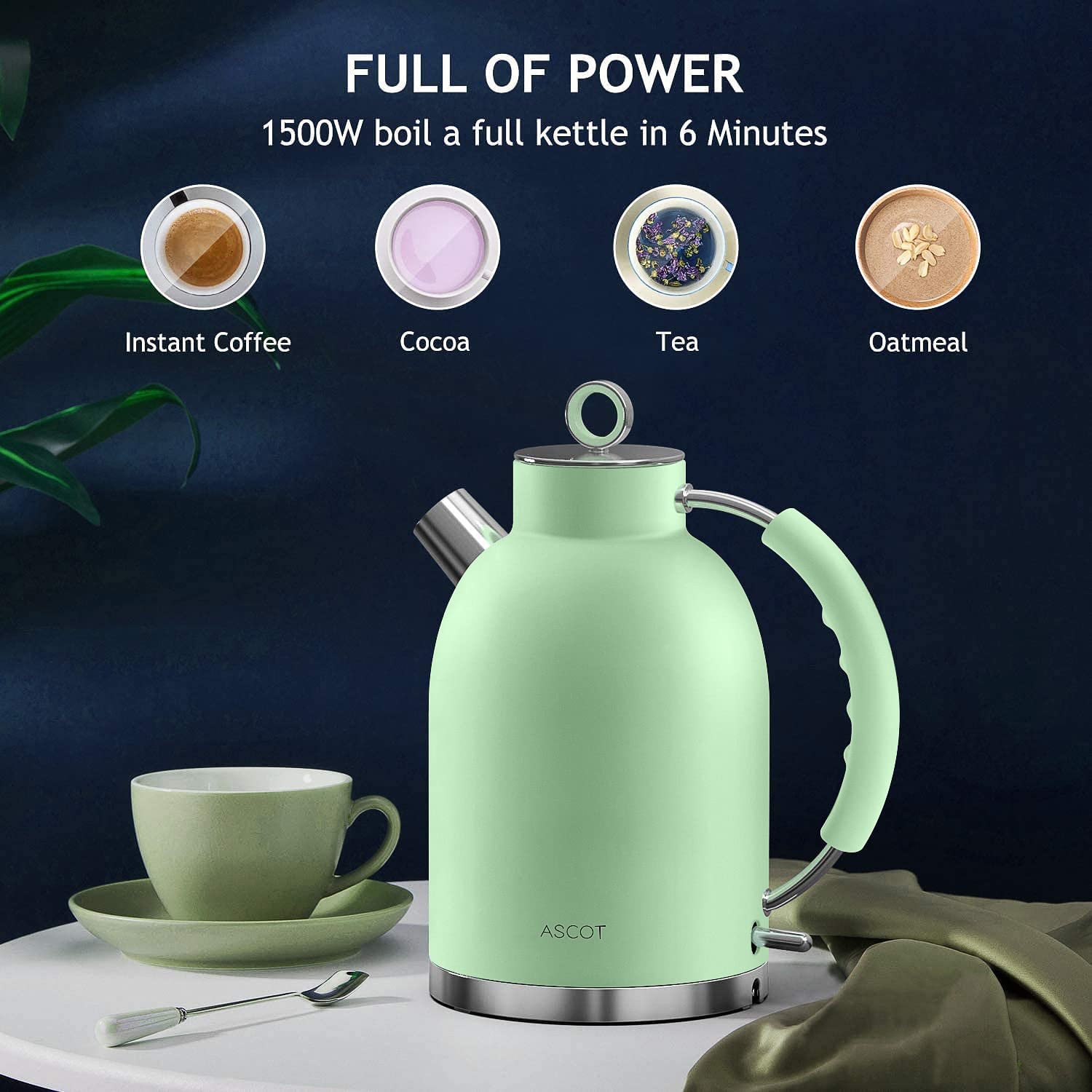 Olla eléctrica ASCOT mate verde con filtro en pico para agua limpia