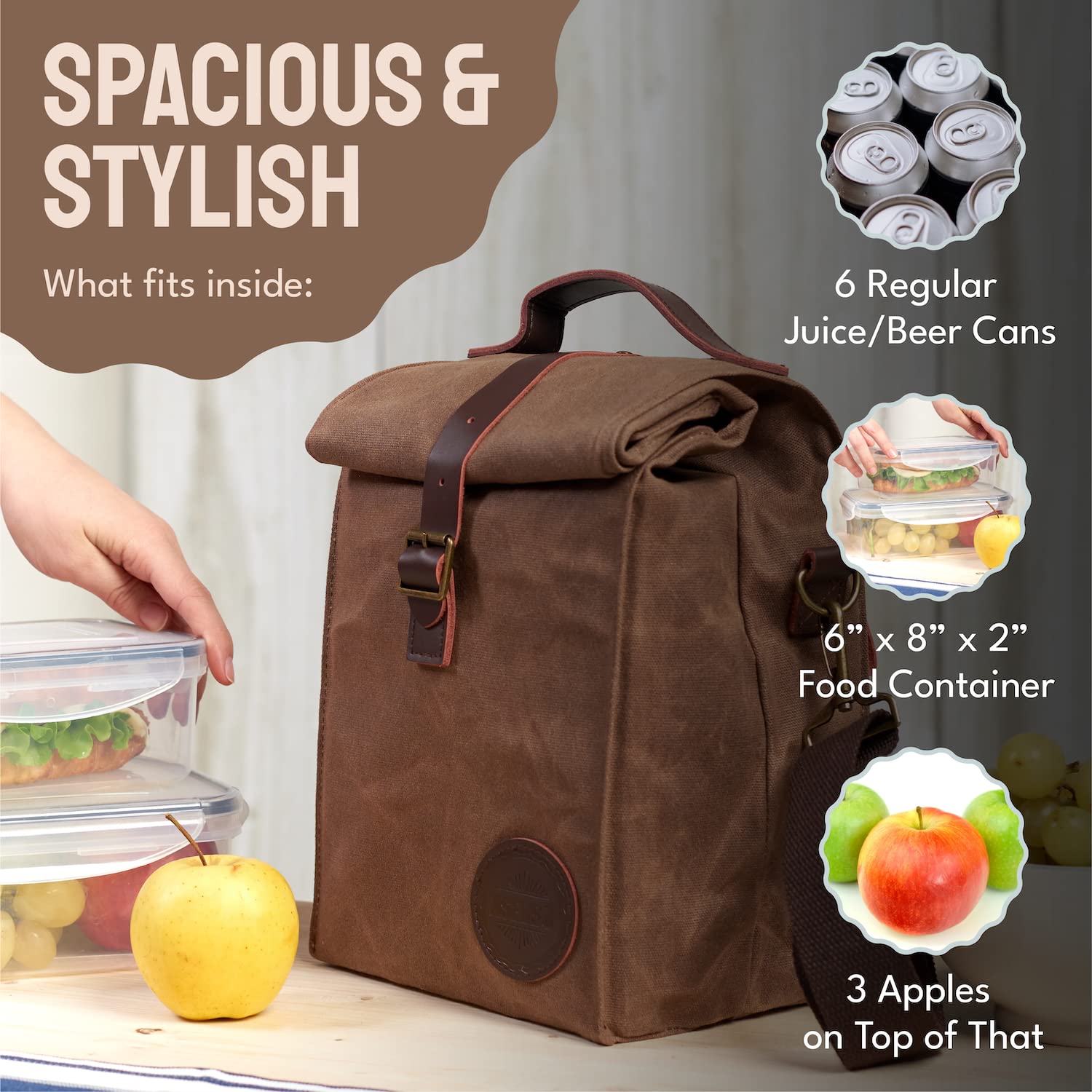 ASEBBO lonchera aislada con mango y asa doble en cuero para transporte estable.