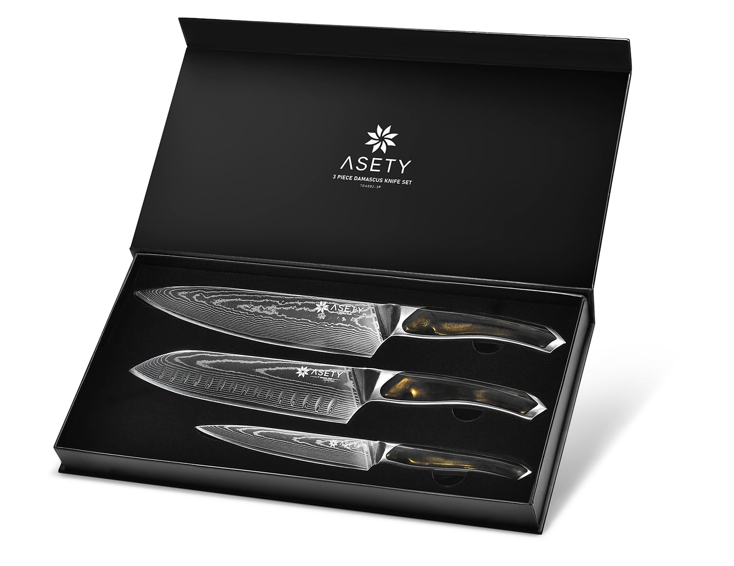 Set de cuchillos ASETY Damascus en caja de empaque elegante.