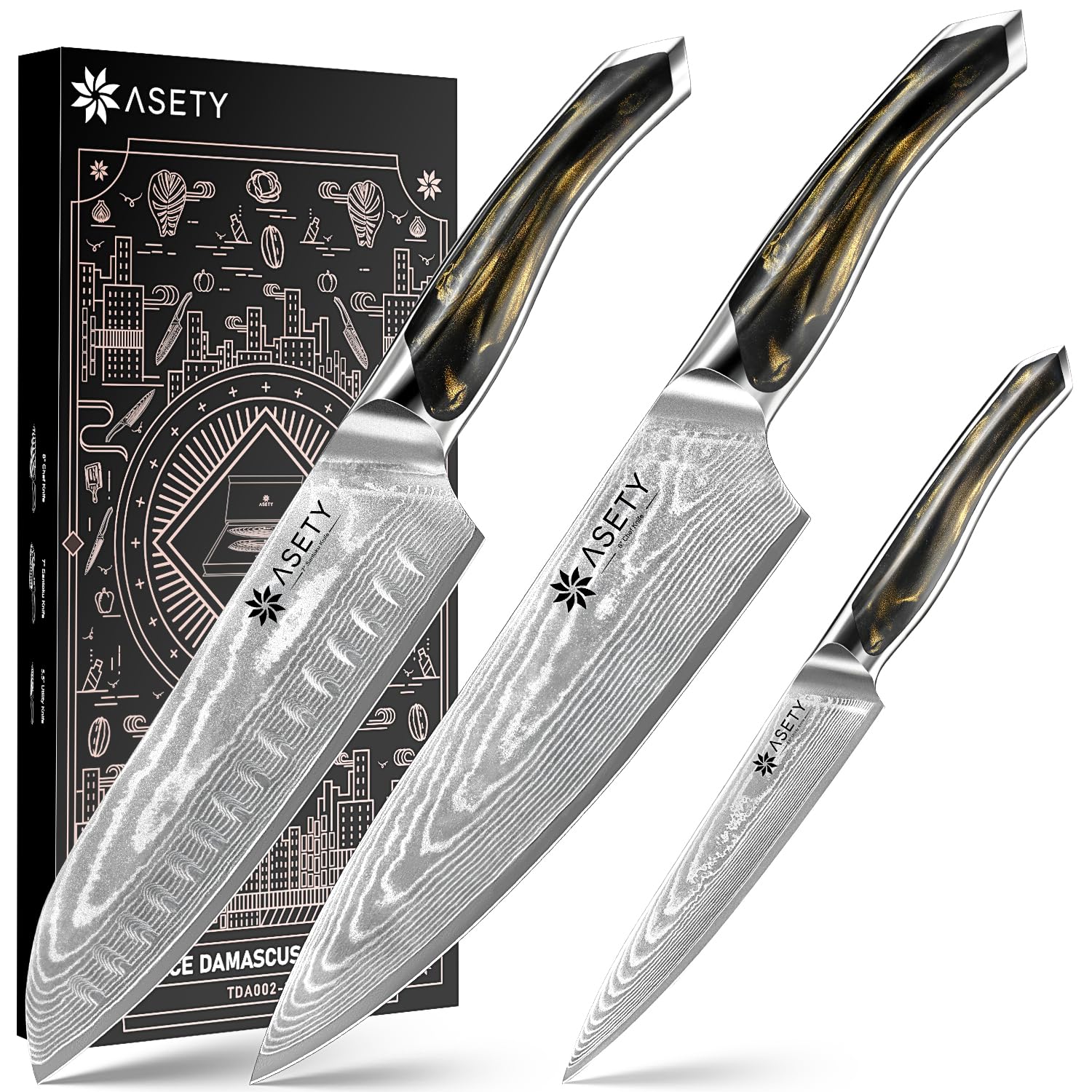 Cuchillo chef ASETY Damascus de 8 pulgadas con mango de resina, cómodo para uso diario.