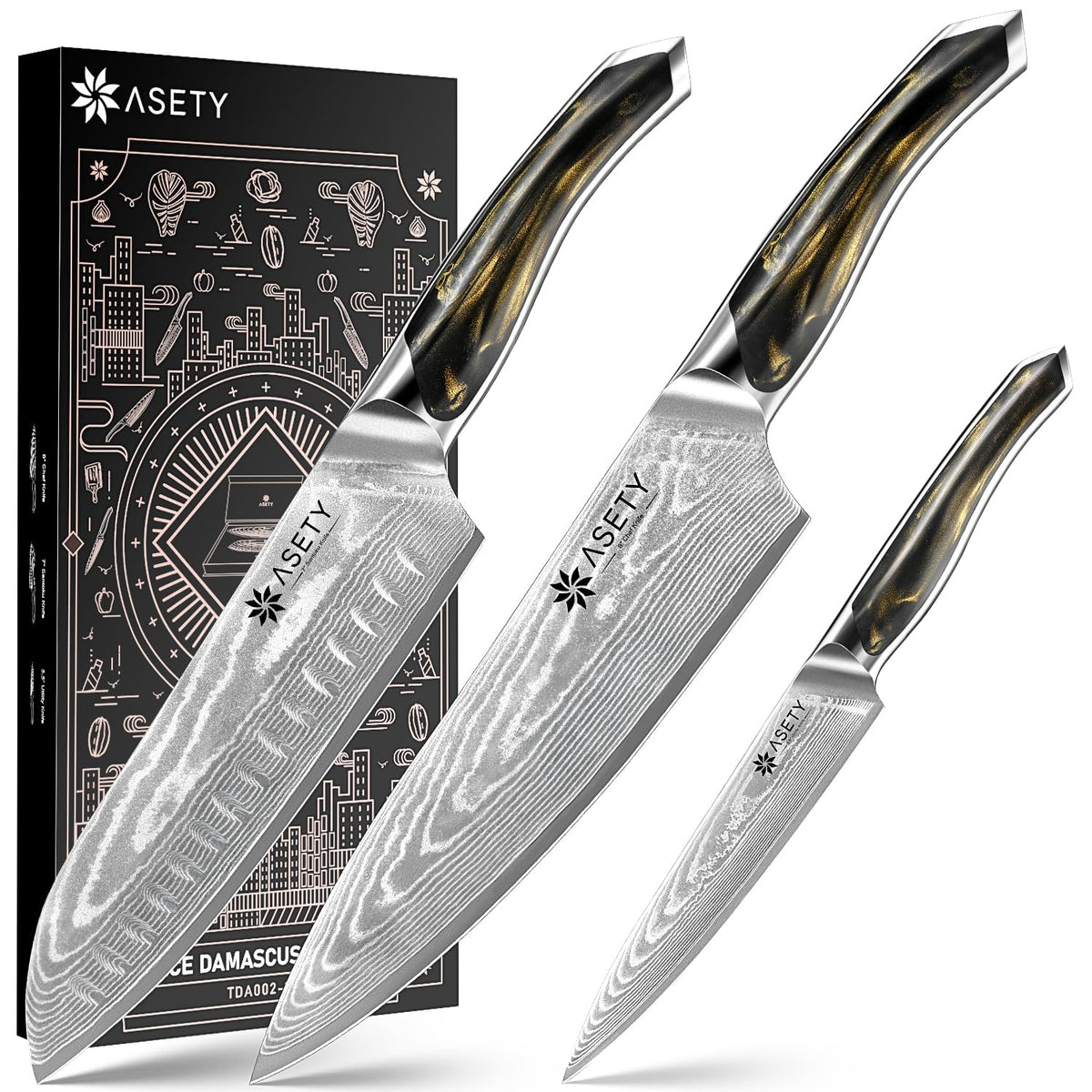 Cuchillo chef ASETY Damascus de 8 pulgadas con mango de resina, cómodo para uso diario.