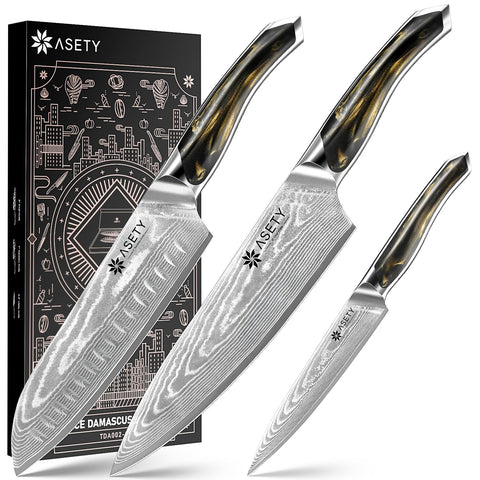 Cuchillo chef ASETY Damascus de 8 pulgadas con mango de resina, cómodo para uso diario.