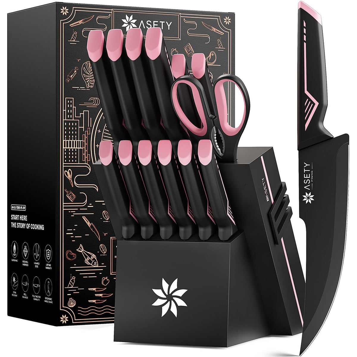 ASETY set de cuchillos 15 piezas con mango rosado y bloque para uso diario