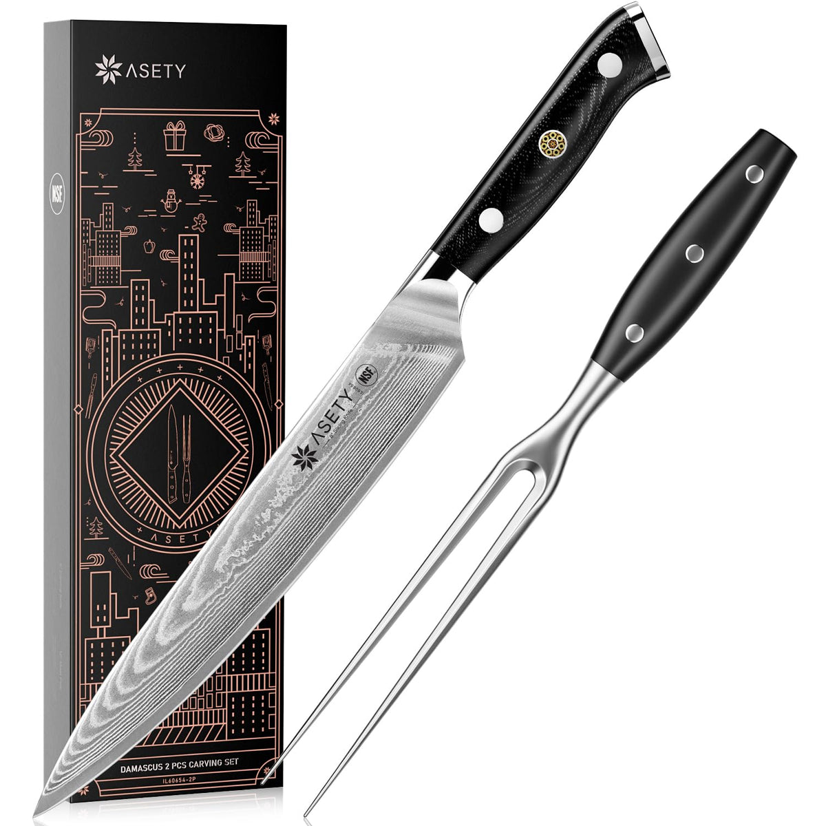 Cuchillo ASETY de trinchar con hoja damasco de 67 capas para cortes precisos.