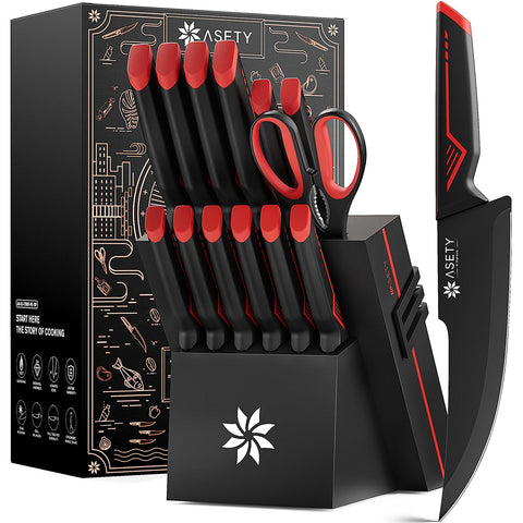 Conjunto ASETY: cuchillos 15 piezas con diseño llamativo rojo y negro para uso diario.