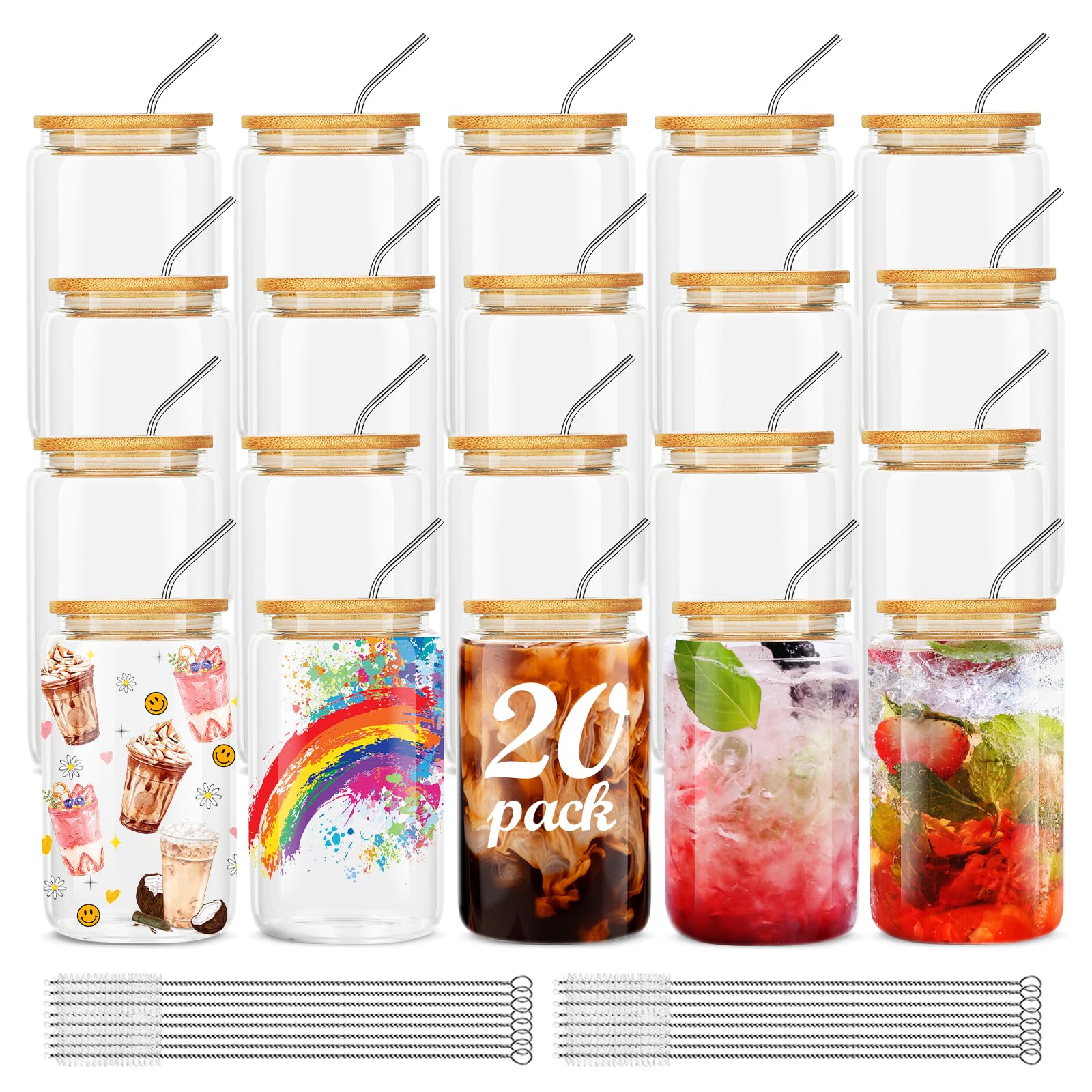 Vaso de cristal ASKIZ 16oz con tapa de bambú para bebidas frías.