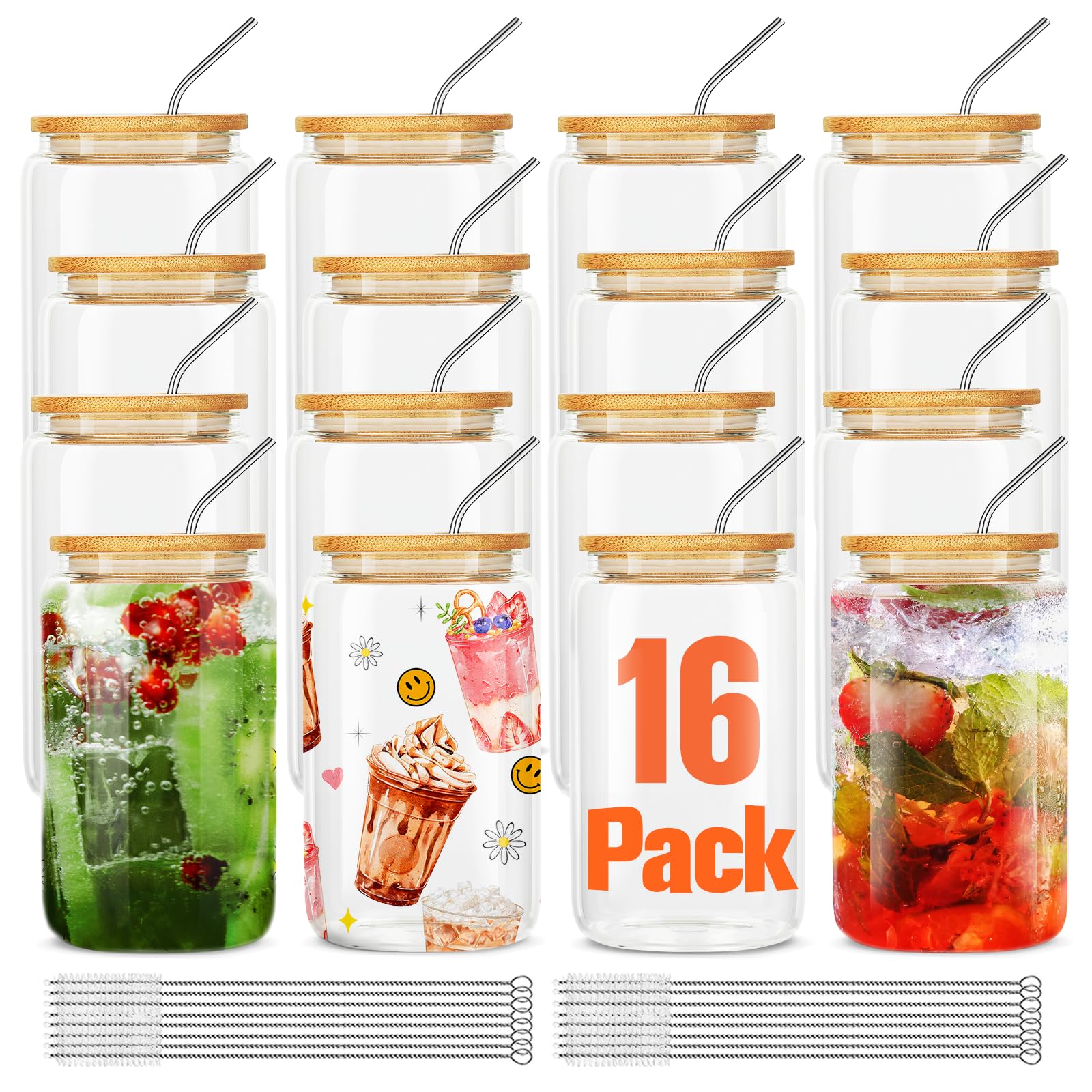 Askiz vasos de cristal con tapas de bambú y pajillas de acero para bebidas reutilizables.