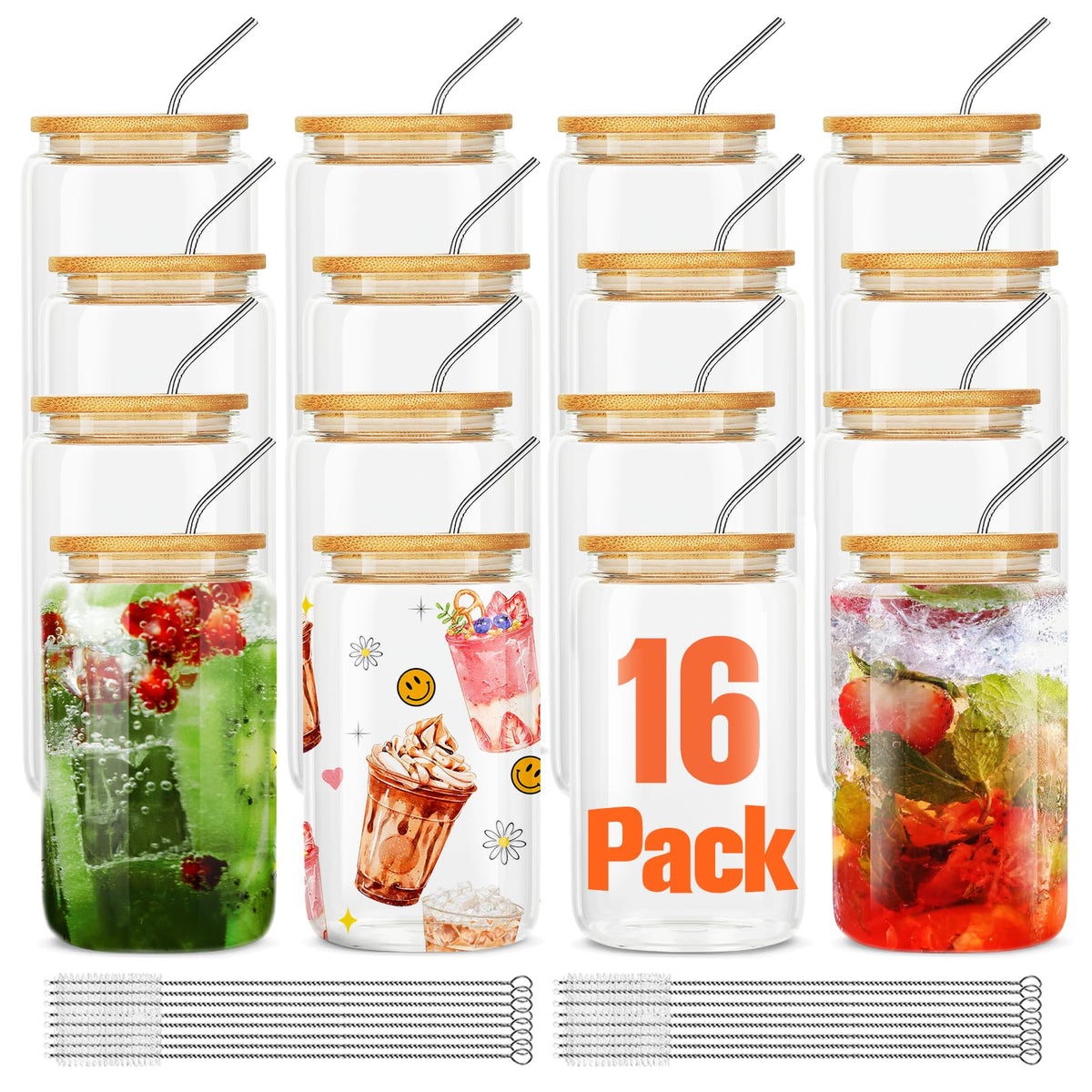 Askiz vasos de cristal con tapas de bambú y pajillas de acero para bebidas reutilizables.