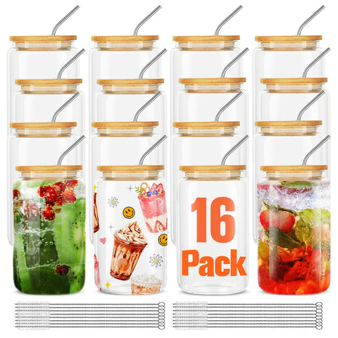 Askiz vasos de cristal con tapas de bambú y pajillas de acero para bebidas reutilizables.