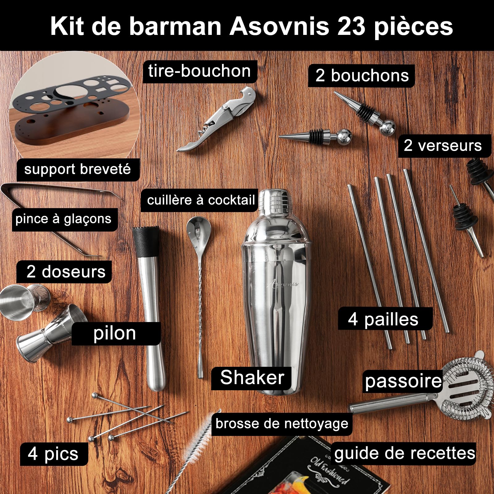 Asovnis coctelera de acero inoxidable 304, acabado brillante.