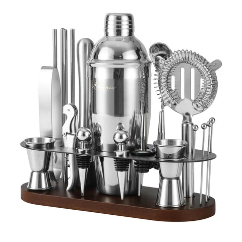 Asovnis kit de barman 23 piezas en soporte, organización elegante para la barra.