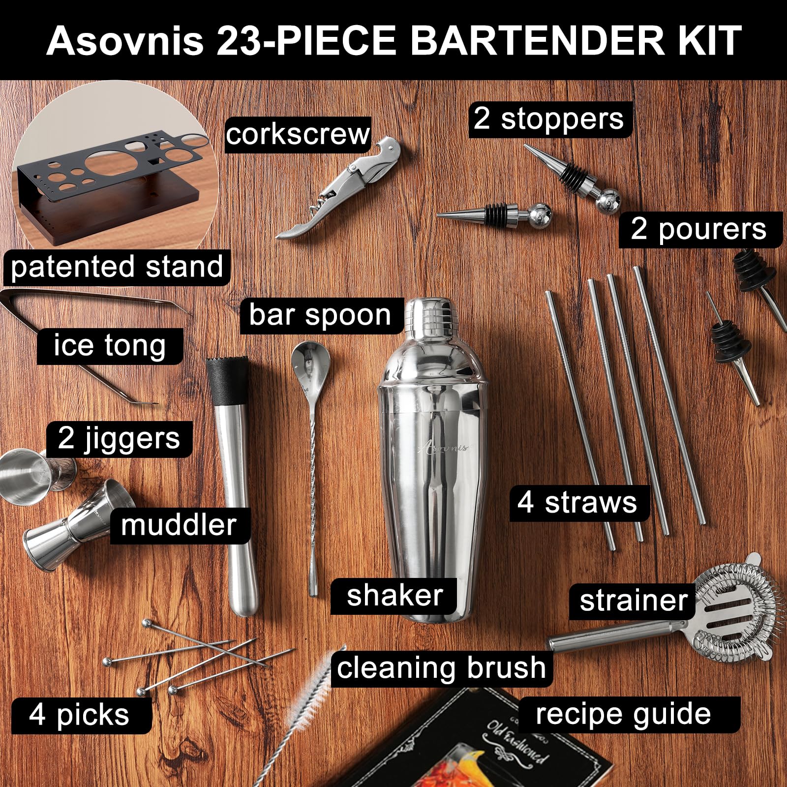 Asovnis kit bartender 23 piezas jigger detalle para medir con precisión.
