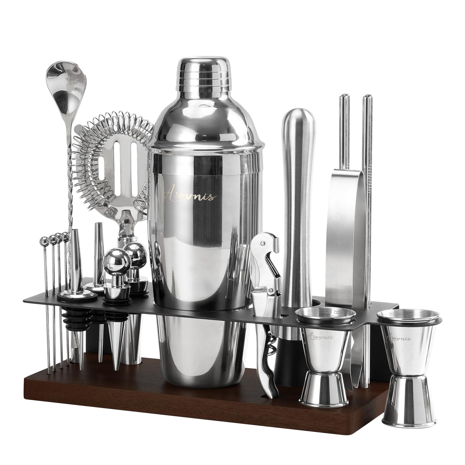 Asovnis kit bartender 23 piezas con soporte frontal para organización elegante.