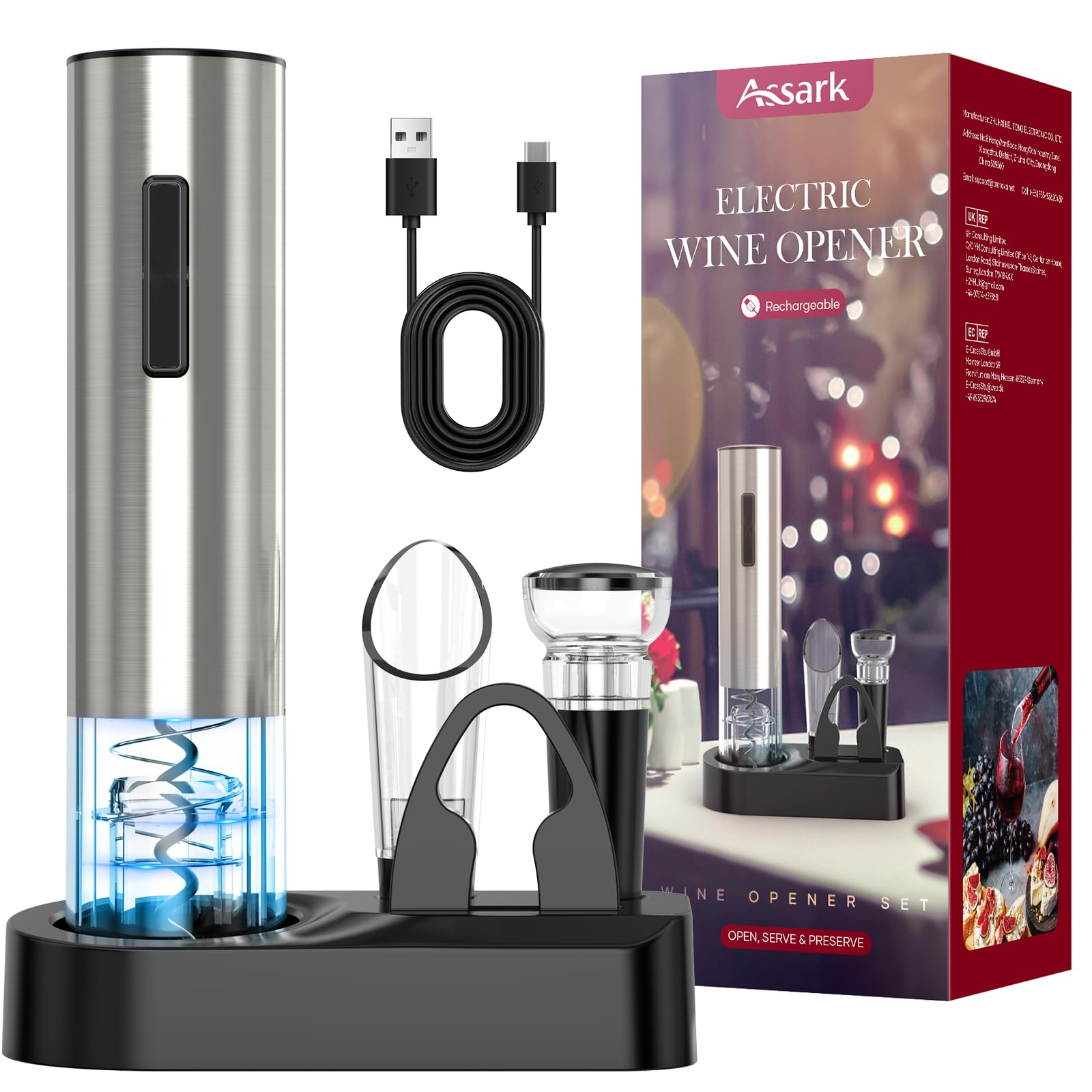 Assark abridor de vino eléctrico automático facilita apertura rápida y sin esfuerzo.