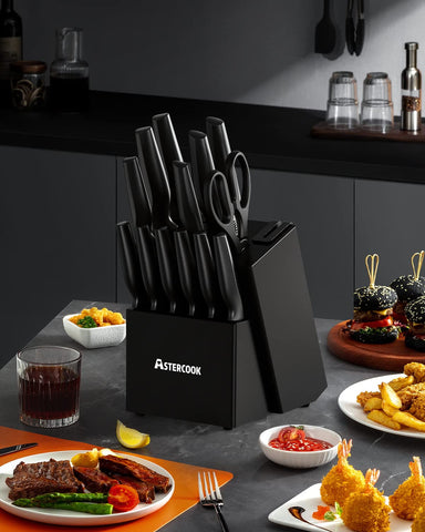 Astercook bloque negro con afilador incorporado, afila cuchillos rápidamente.
