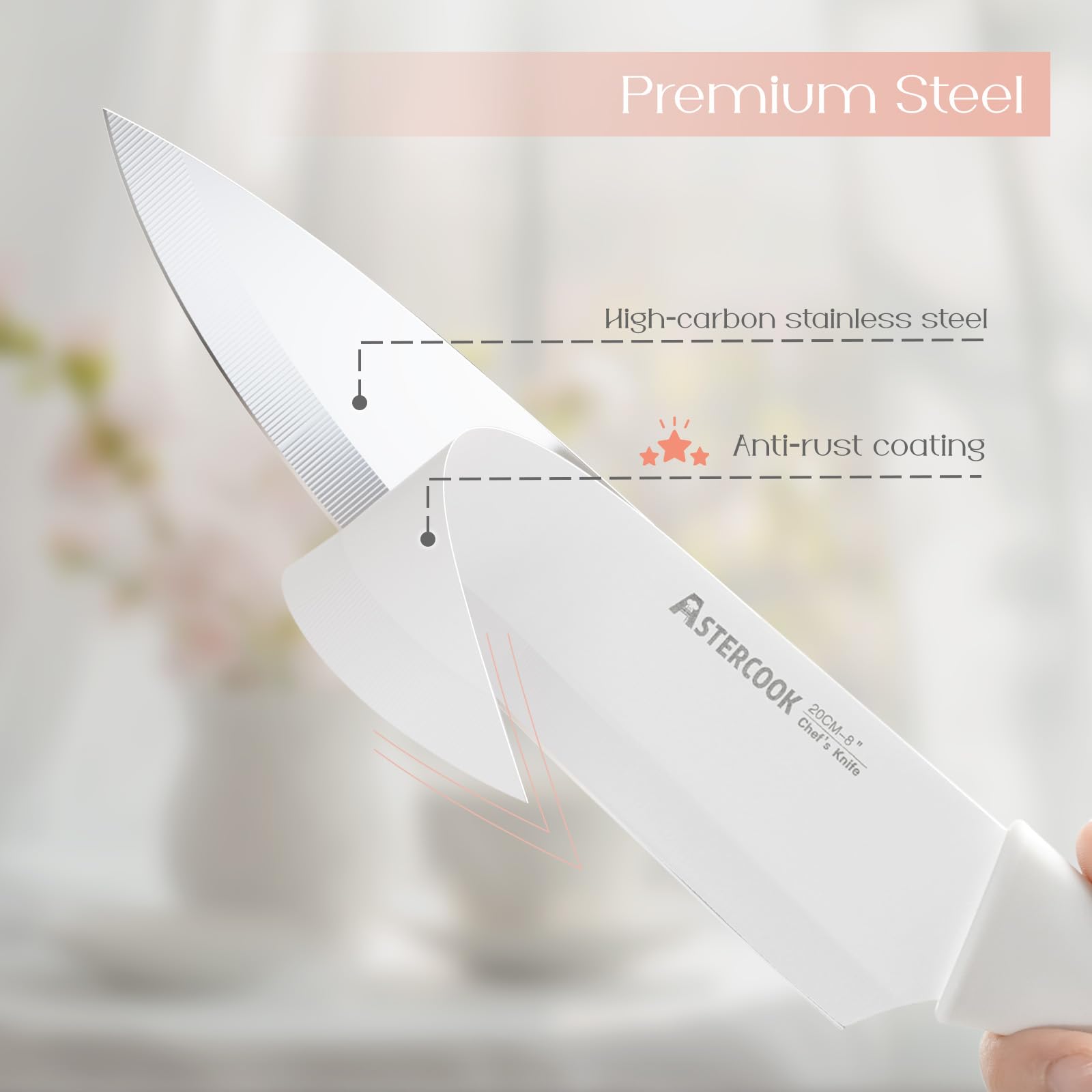 Astercook bloque blanco con cuchillos, diseño elegante y almacenamiento seguro