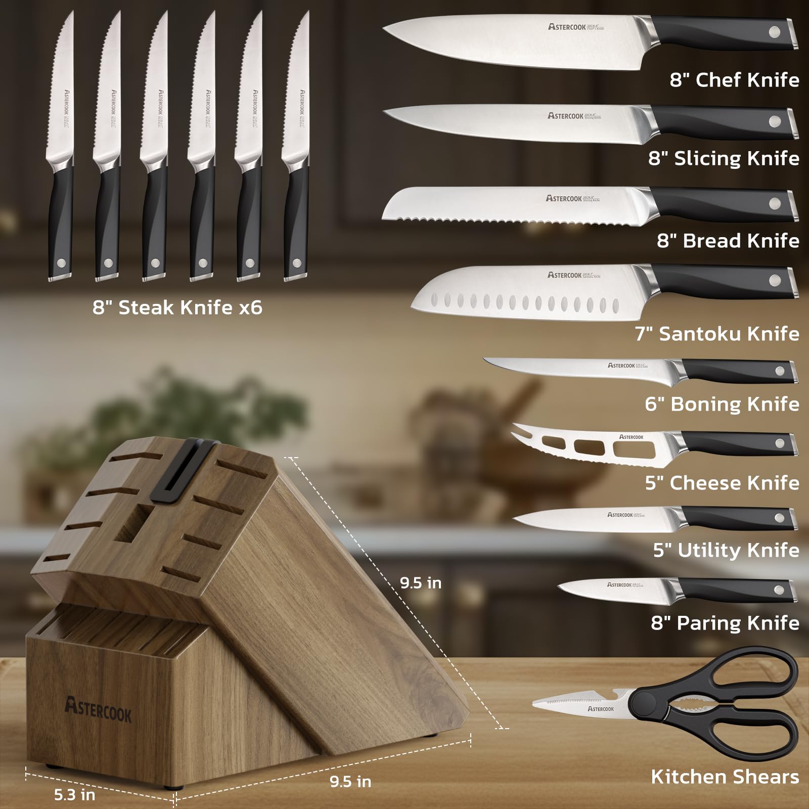 Astercook bloque de madera con afilador integrado para un almacenamiento seguro.