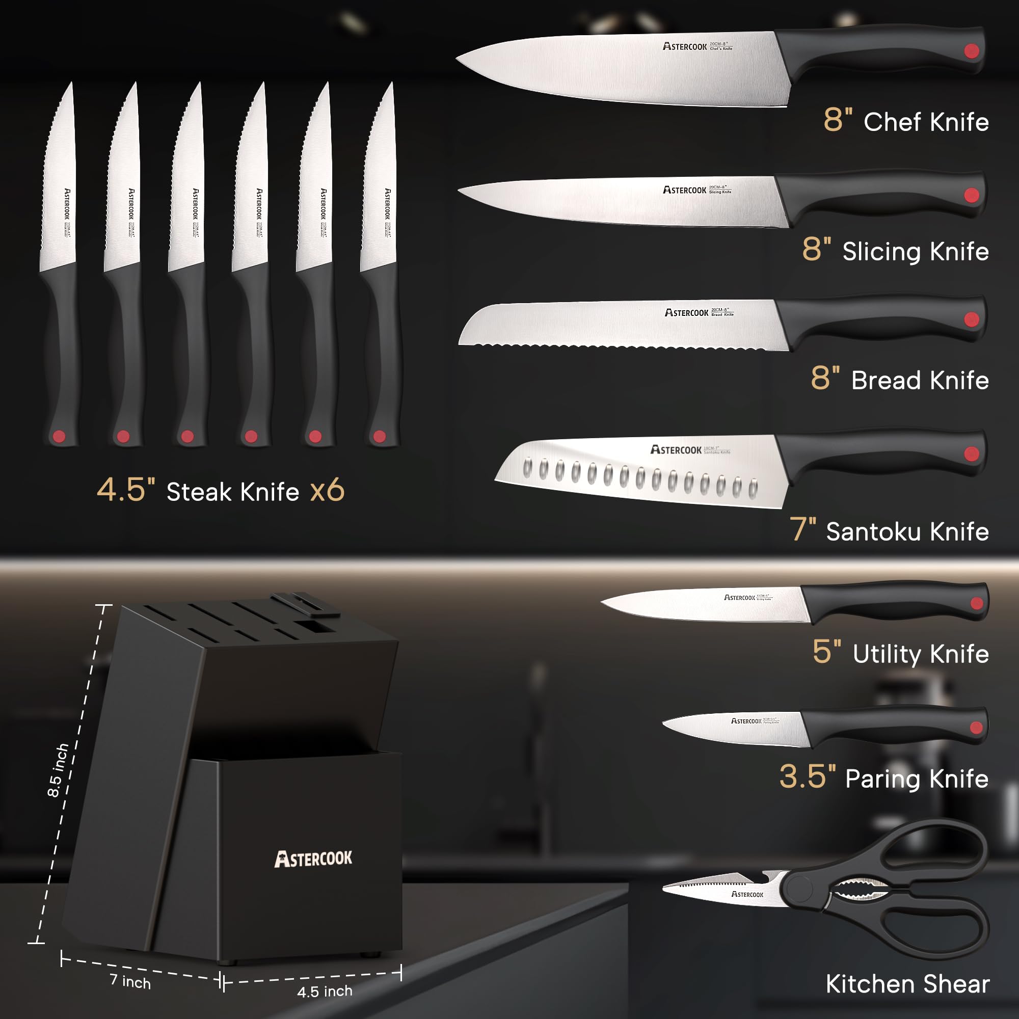 Astercook bloque negro con afilador integrado facilita el acceso rápido.