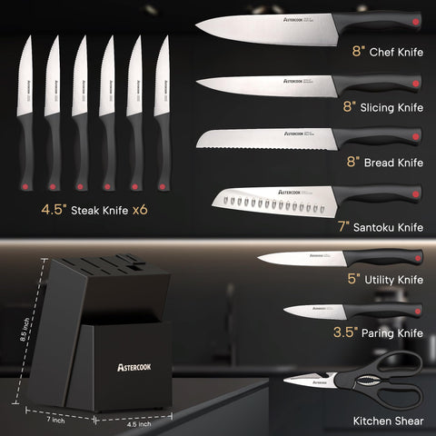 Astercook bloque negro con afilador integrado facilita el acceso rápido.