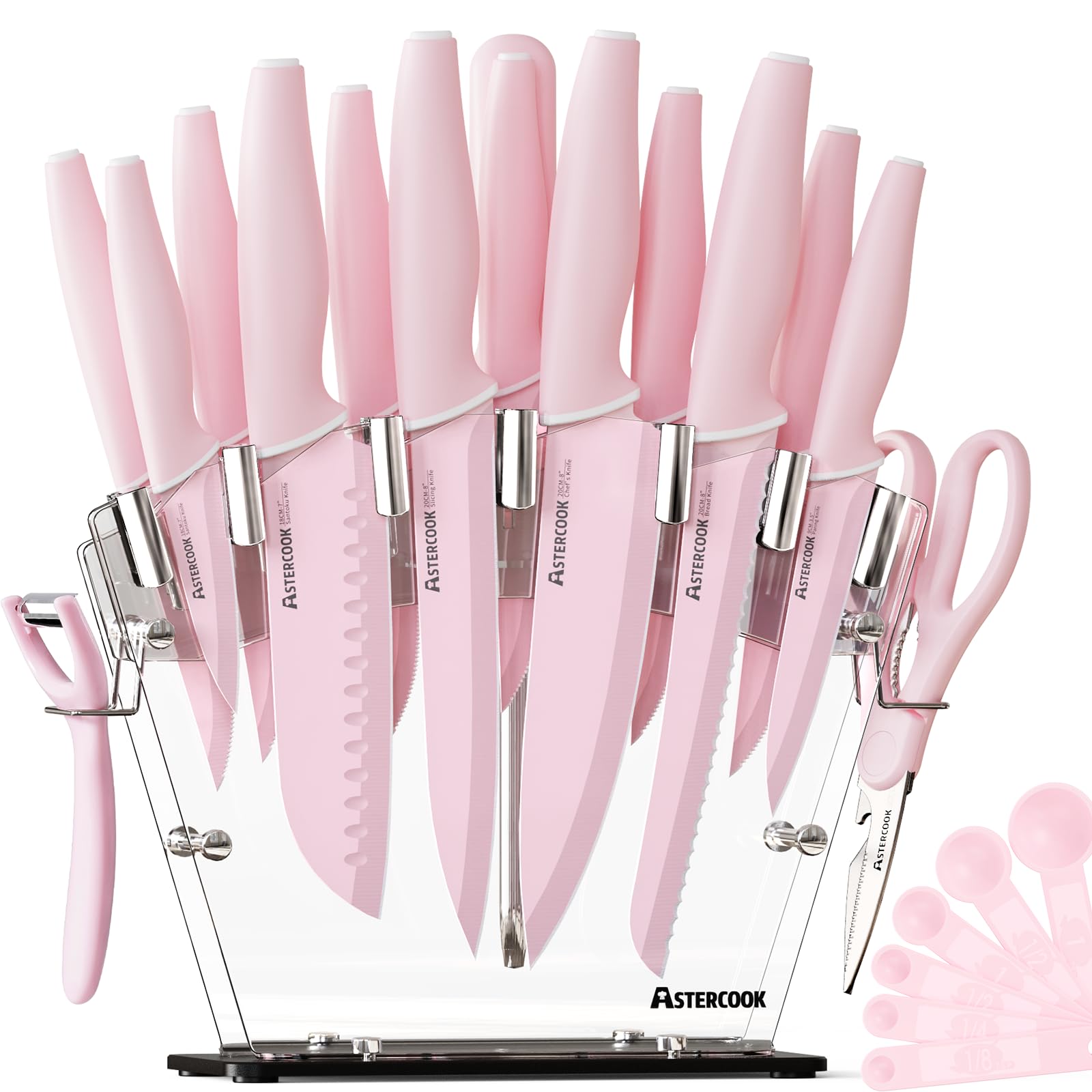 Astercook bloque de cuchillos transparente en rosa, almacenamiento ordenado y seco.