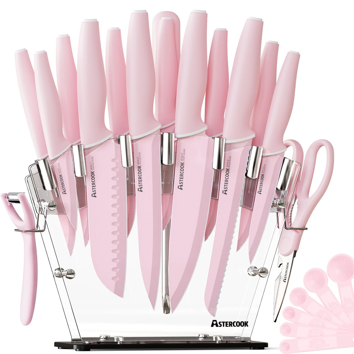 Astercook bloque de cuchillos transparente en rosa, almacenamiento ordenado y seco.