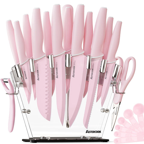 Astercook bloque de cuchillos transparente en rosa, almacenamiento ordenado y seco.