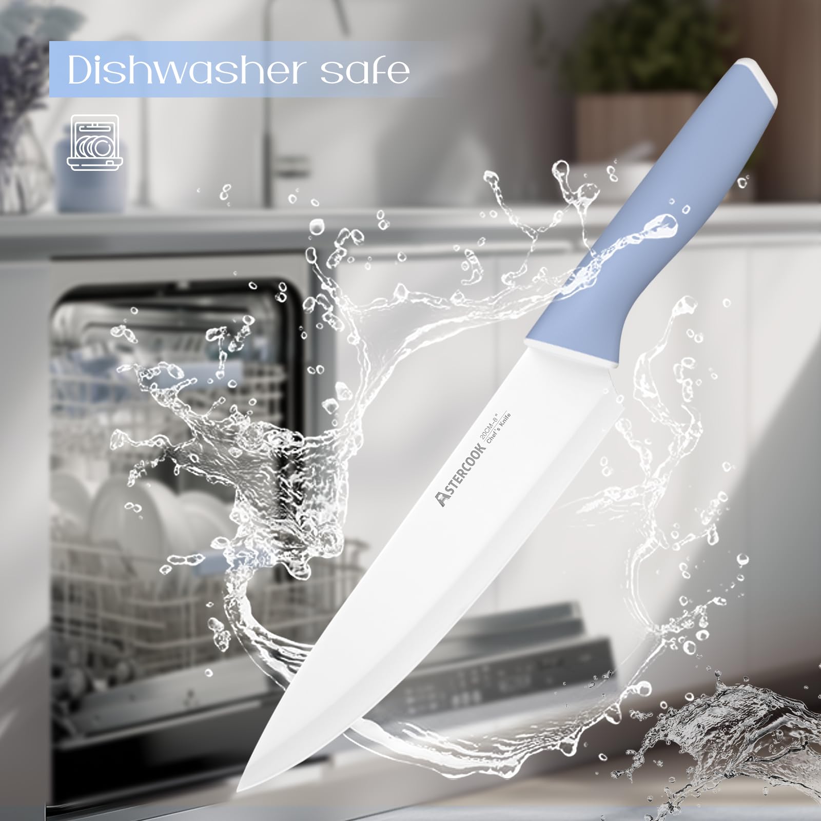 Astercook: bloque de cuchillos de madera oscura con afilador integrado para organización.