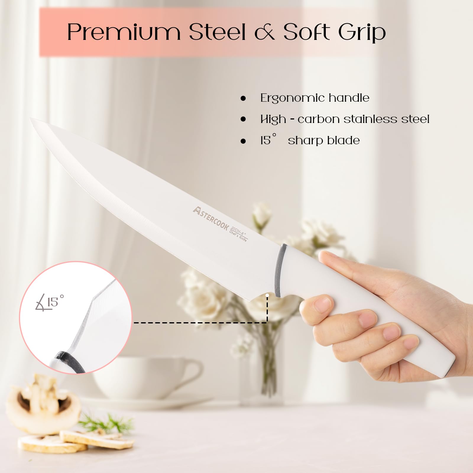 Astercook bloque transparente compacto mantiene cuchillos secos y ordenados.
