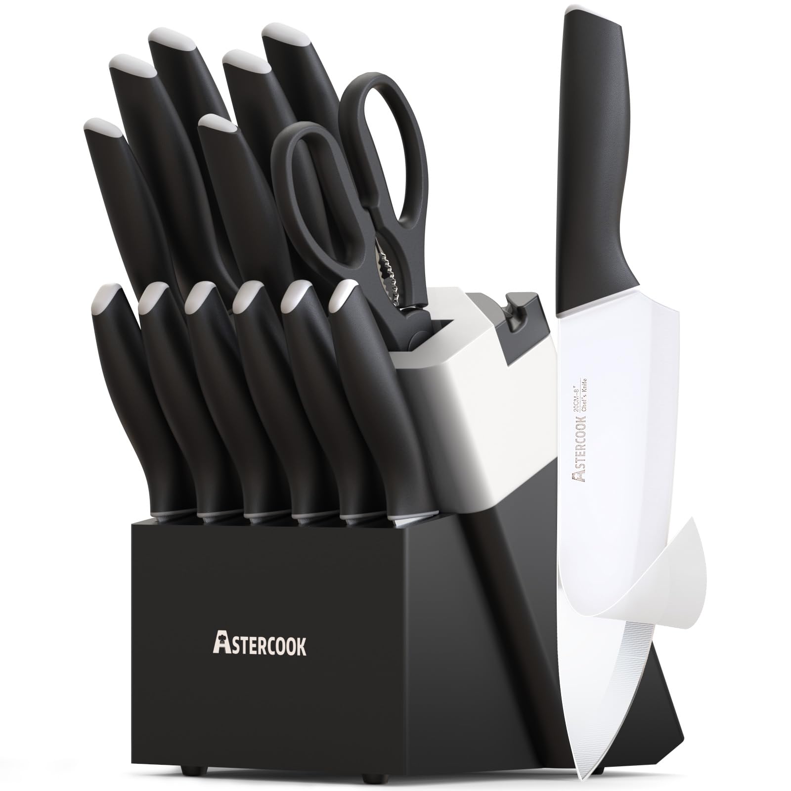 Astercook conjunto de cuchillos 15 piezas en bloque con afilador para uso diario.