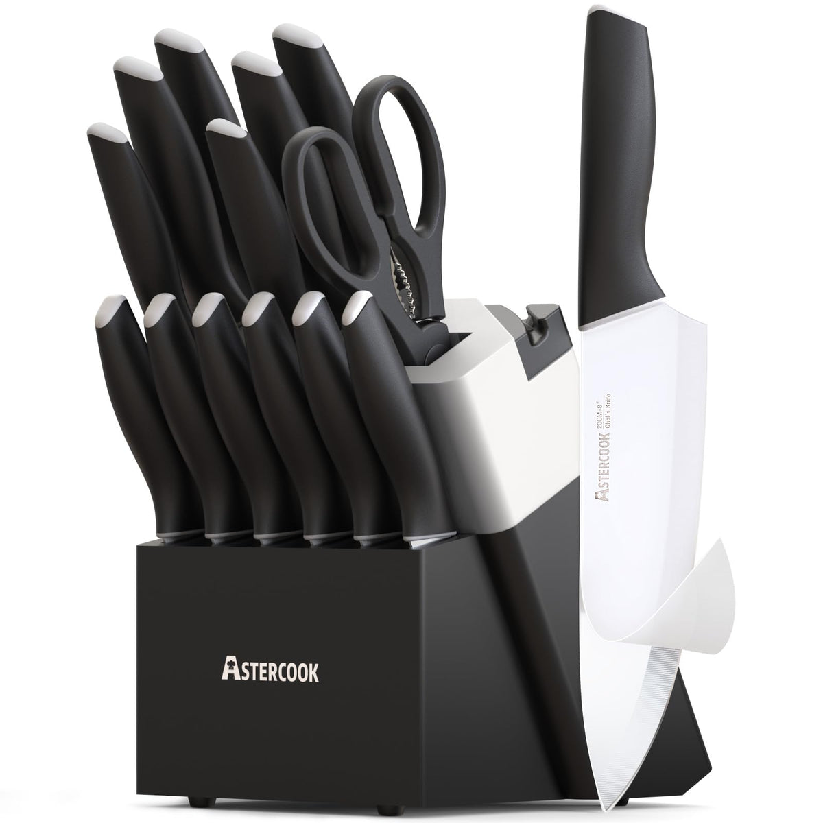 Astercook conjunto de cuchillos 15 piezas en bloque con afilador para uso diario.