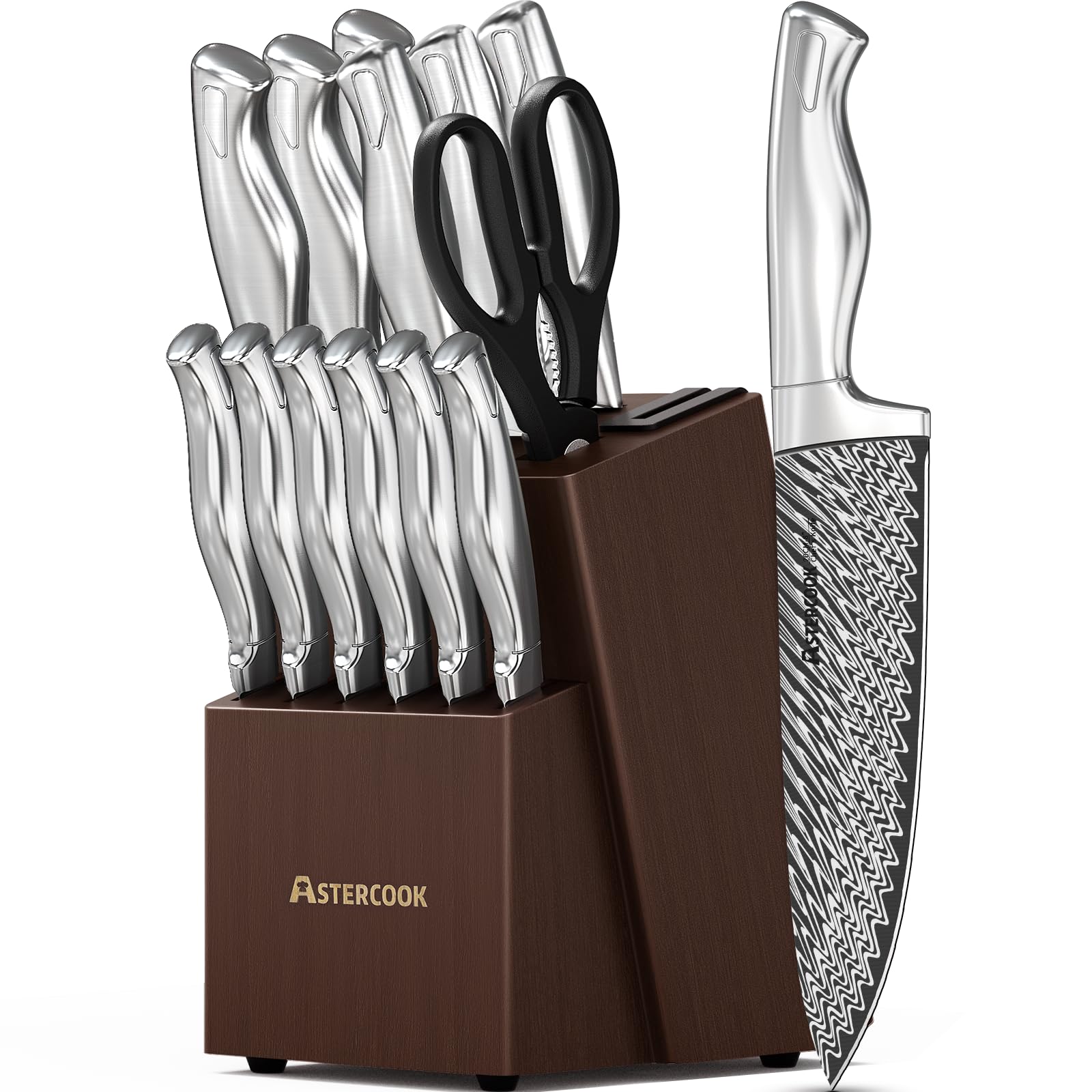 Astercook conjunto de cuchillos 15 piezas sobre tabla de cortar para uso diario