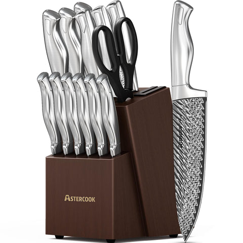 Astercook conjunto de cuchillos 15 piezas sobre tabla de cortar para uso diario