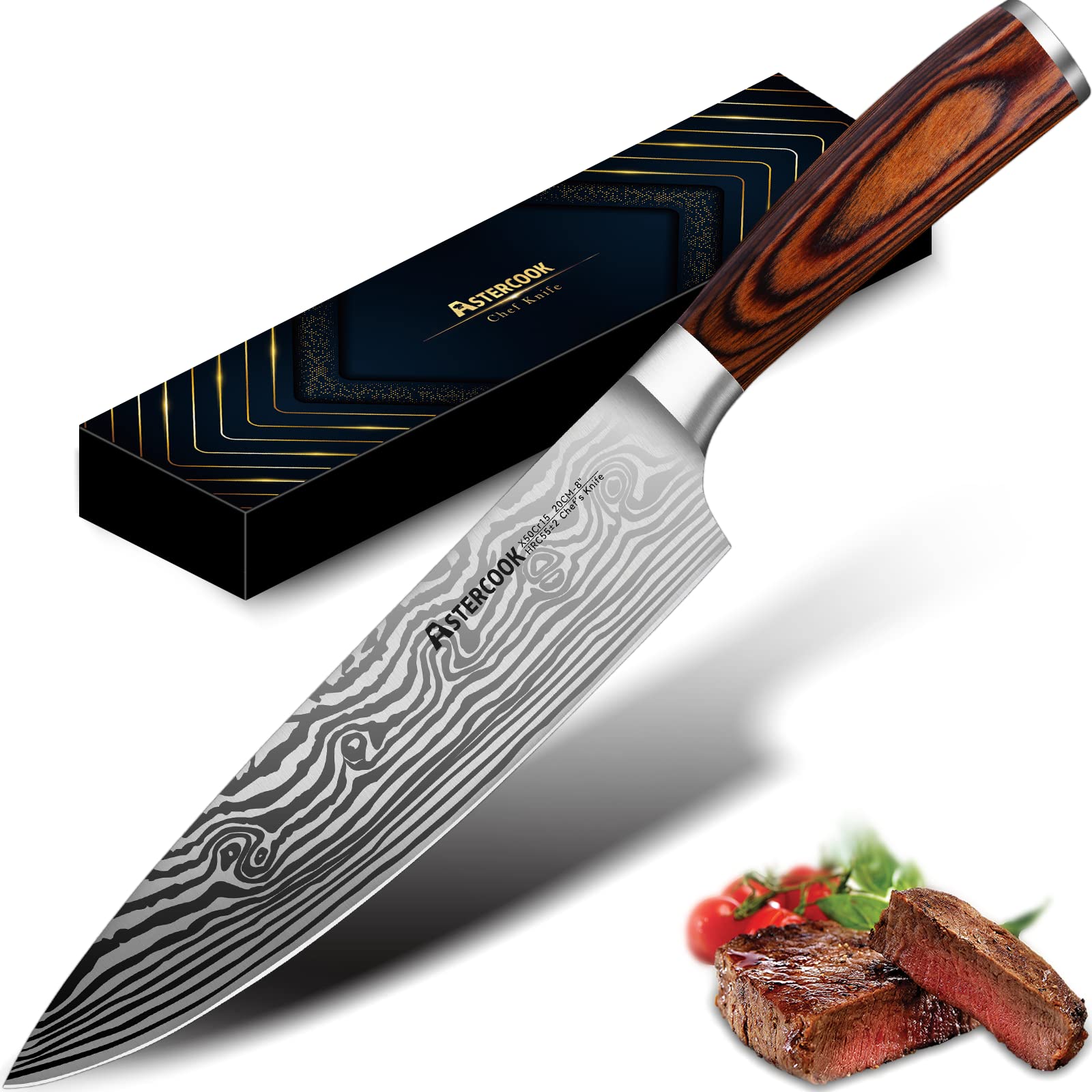 Astercook Cuchillo Chef 8 pulgadas, filo ultra afilado para cortes precisos en cocina.
