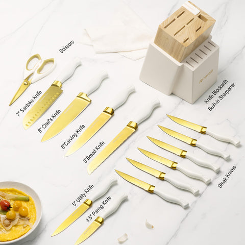Astercook, cuchillo chef de 8 pulgadas con recubrimiento dorado para filo estable.