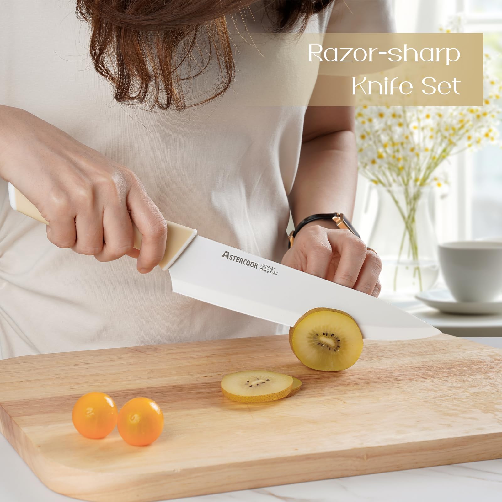Astercook, cuchillo chef de 8 pulgadas con filo cerámico y revestimiento antiadherente