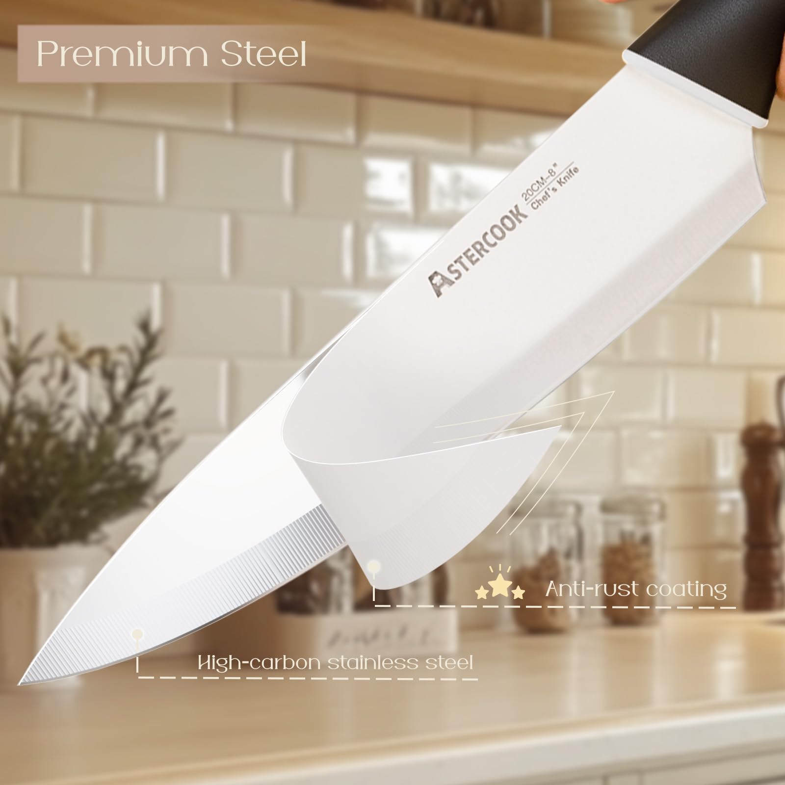 Astercook cuchillo chef 8 pulgadas con filo afilado para preparaciones rápidas.