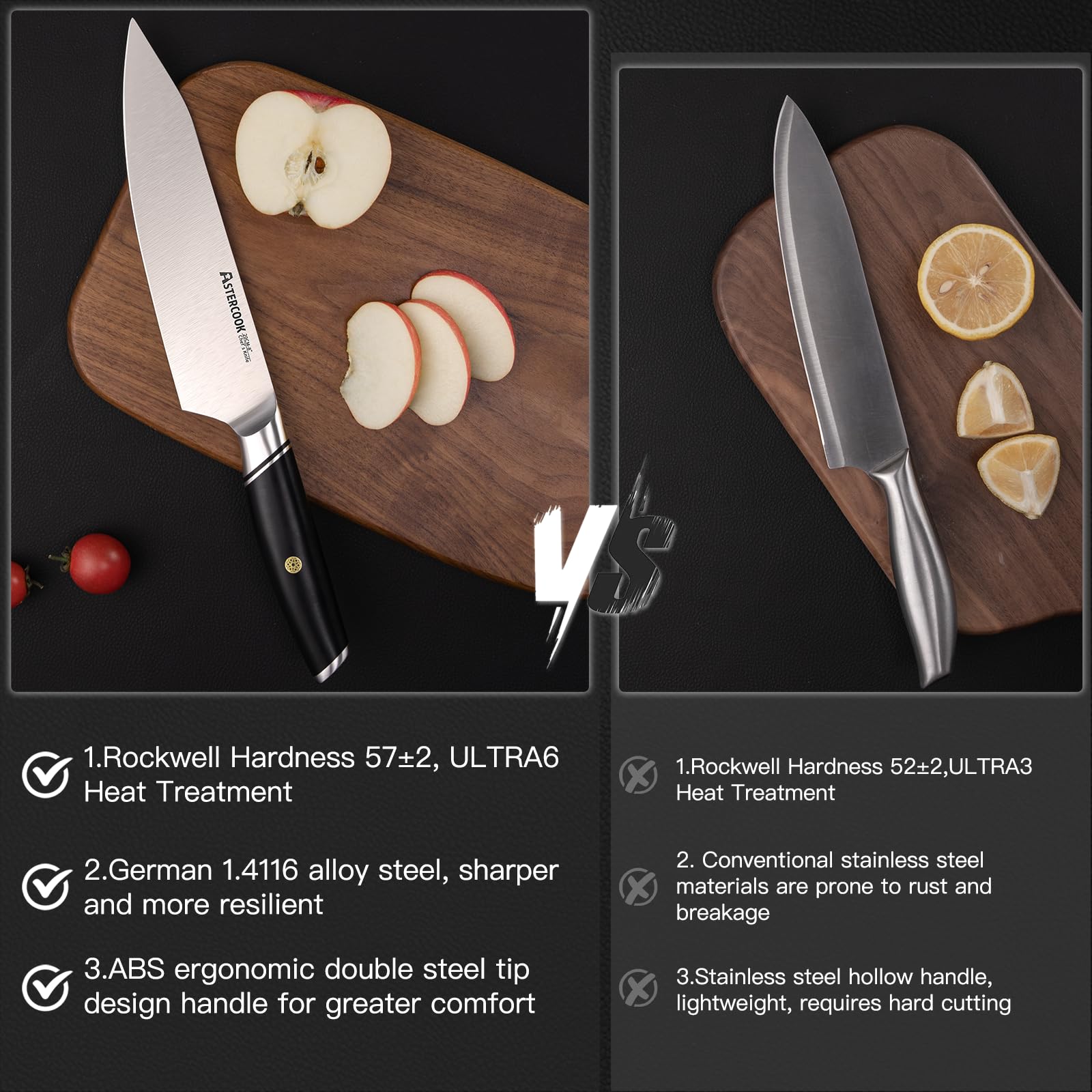 Astercook cuchillo chef filo afilado para cortes limpios.