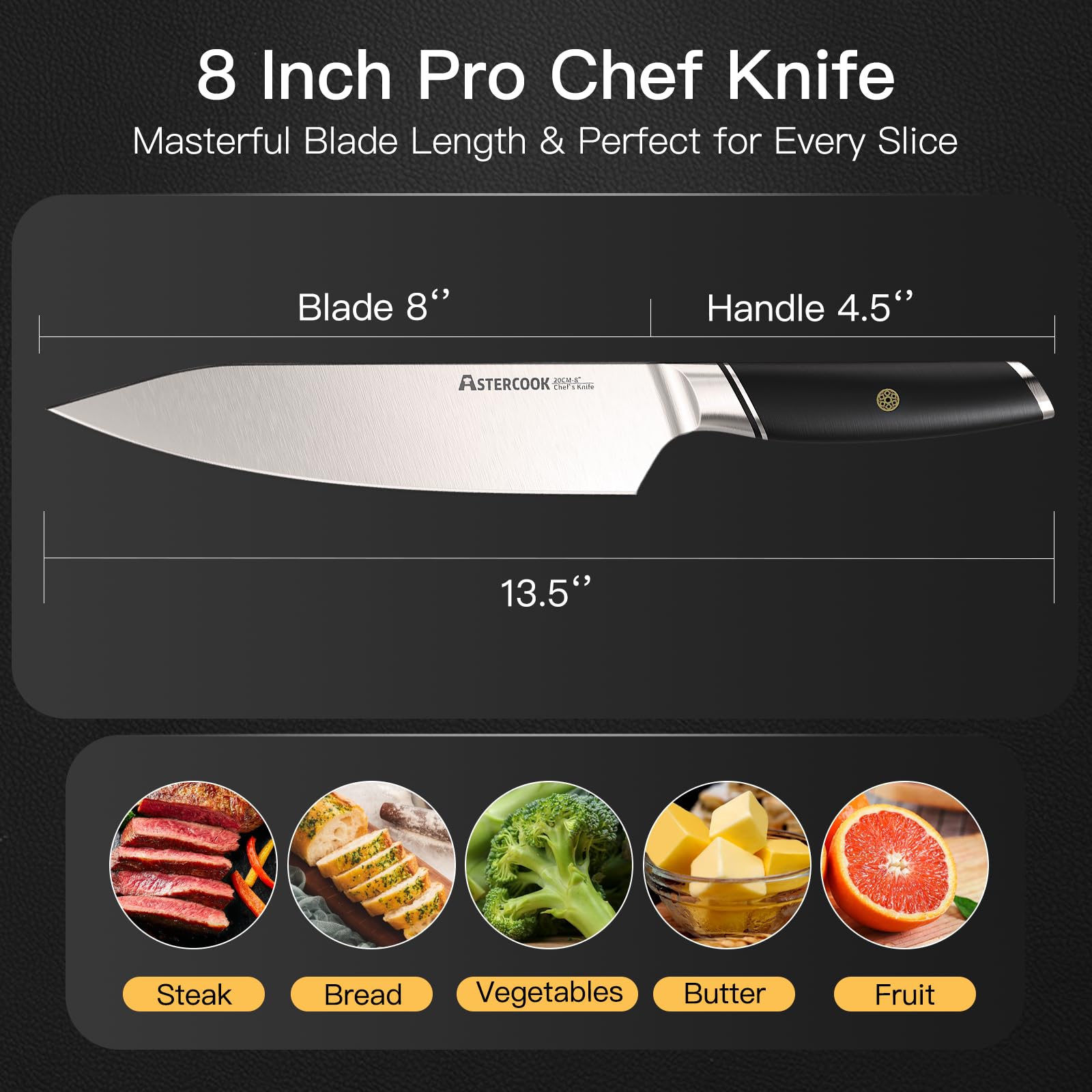 Astercook cuchillo chef punta aguda para maniobras de precisión.