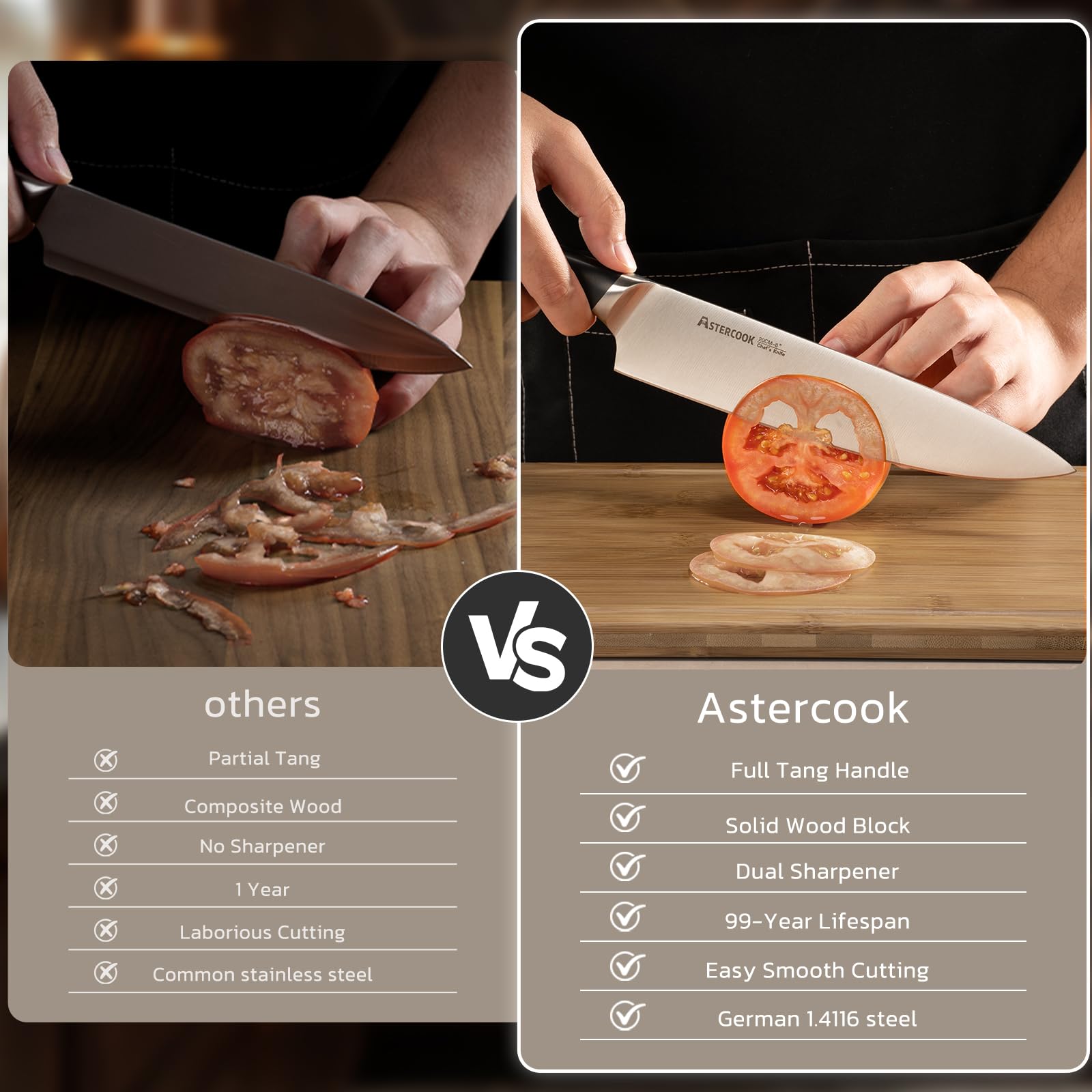 Astercook cuchillo cocinero 8 pulgadas para cortes limpios y precisos.