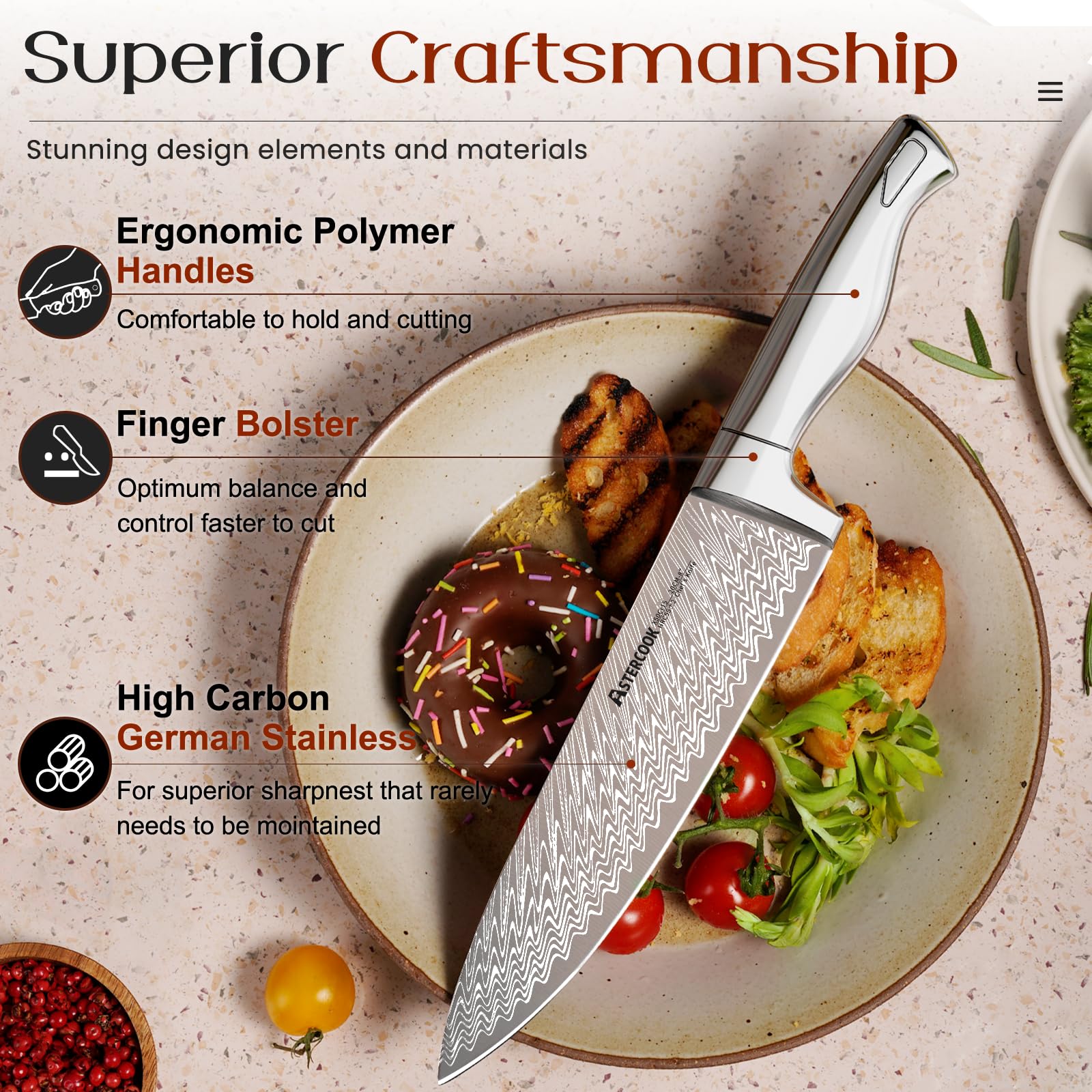 Astercook cuchillo pan 8 pulgadas: rebanadas limpias y consistentes