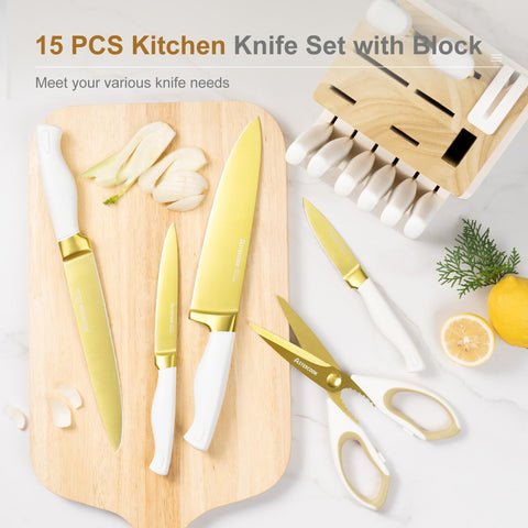 Astercook cuchillo para pan serrado de 8 pulgadas con acabado dorado y filo resistente.