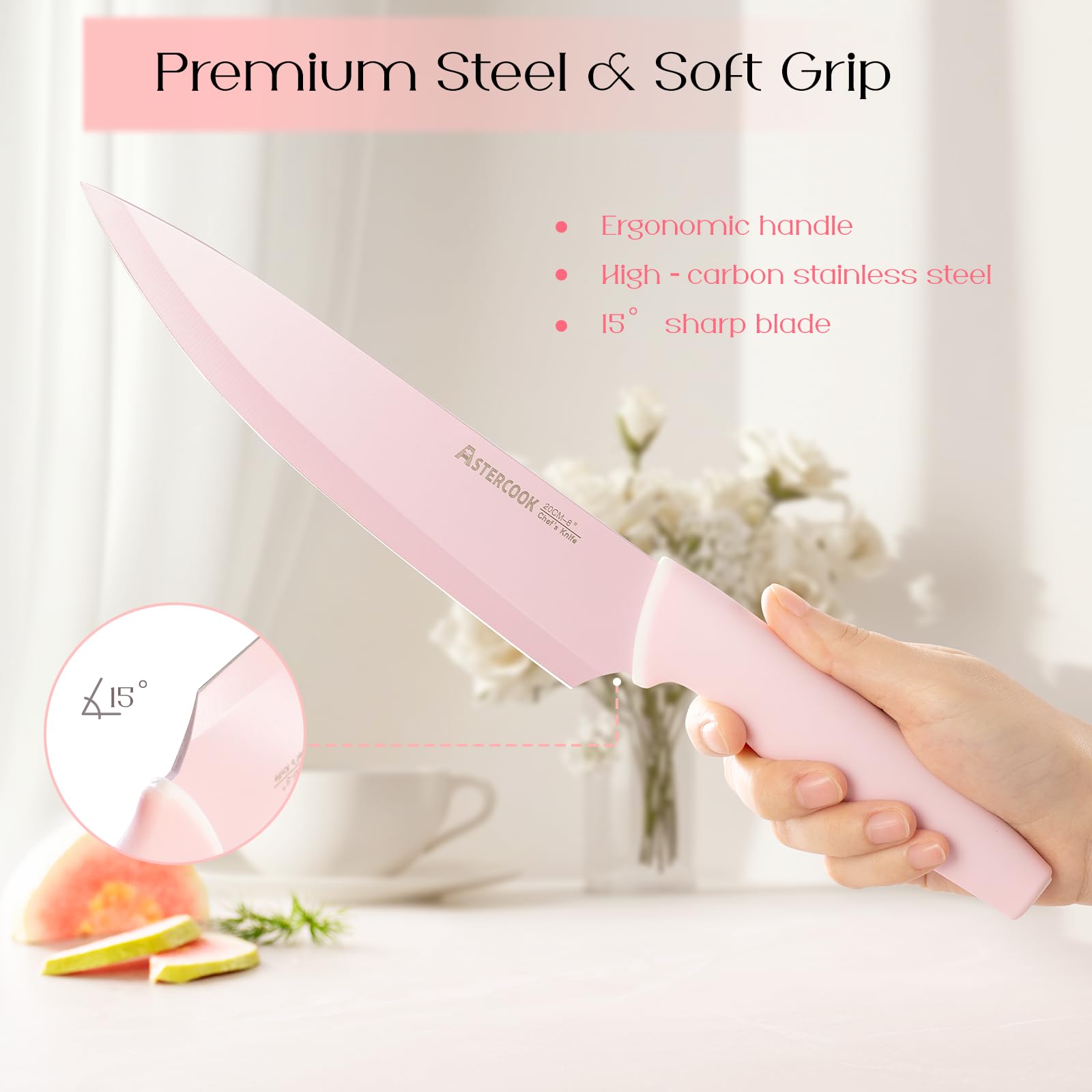 Cuchillos aptos para lavavajillas, limpieza rápida con Astercook rosa.