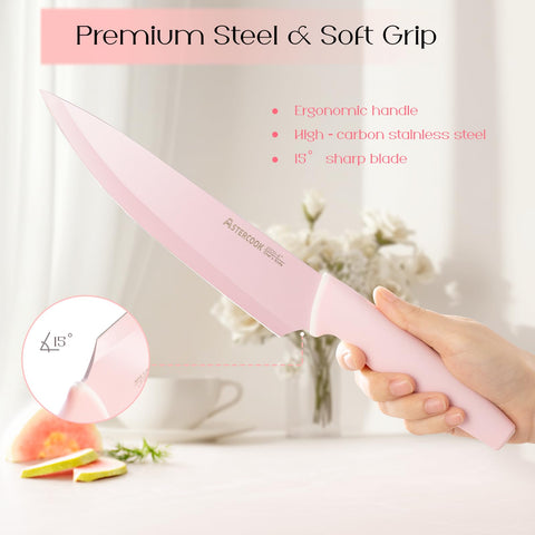 Cuchillos aptos para lavavajillas, limpieza rápida con Astercook rosa.