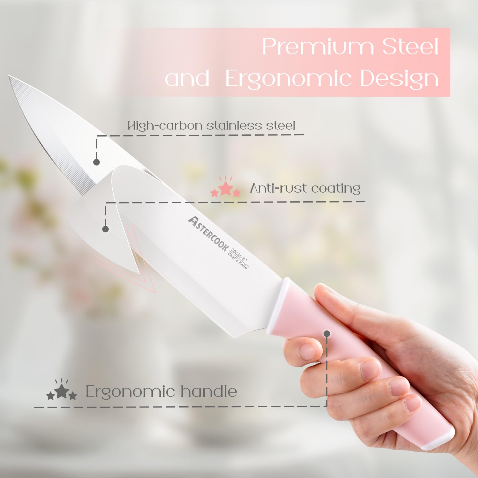 Astercook cuchillos con recubrimiento antiadherente para cortes suaves y limpieza sencilla.