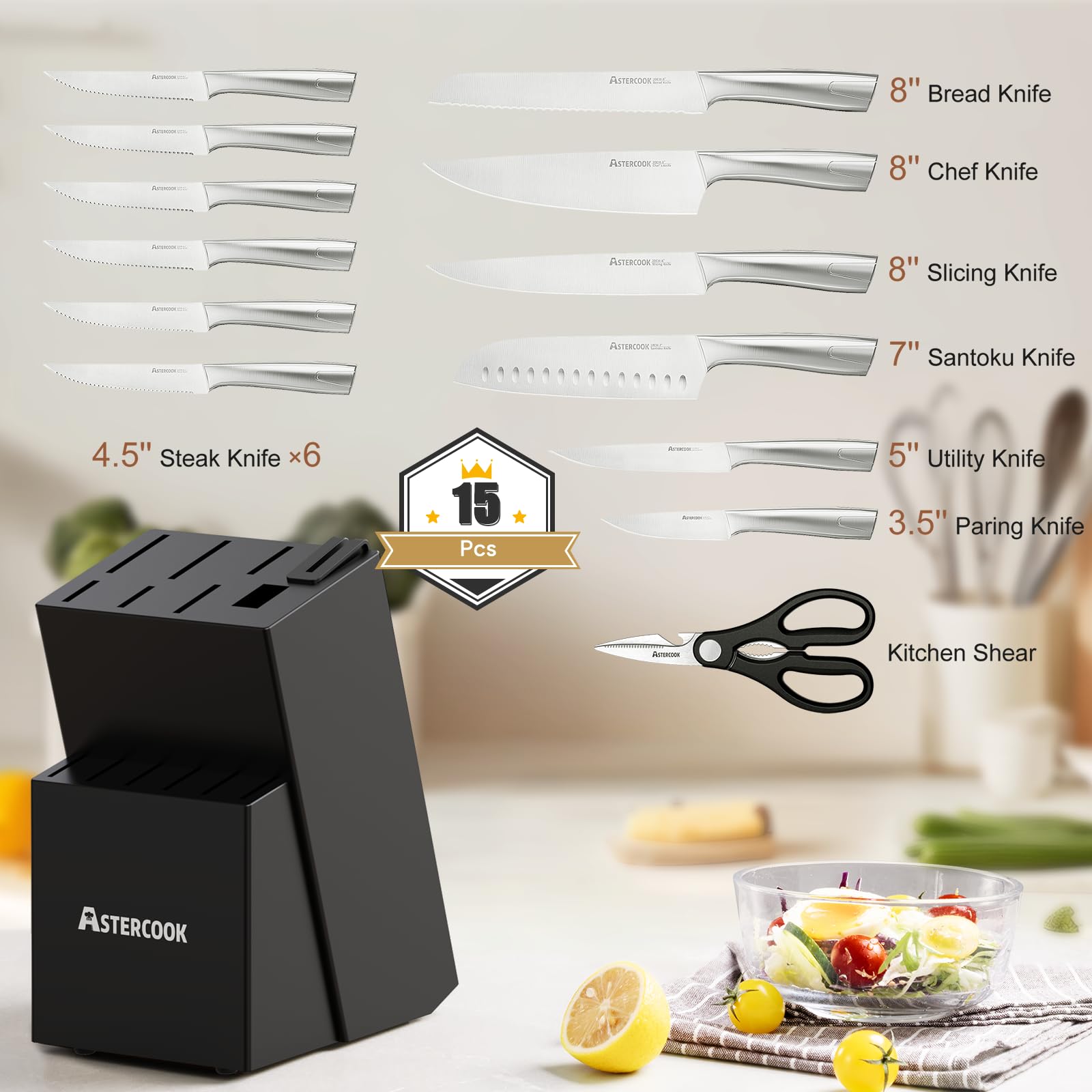Seis cuchillos serrados Astercook 4-1-2 pulgadas para pan y verduras