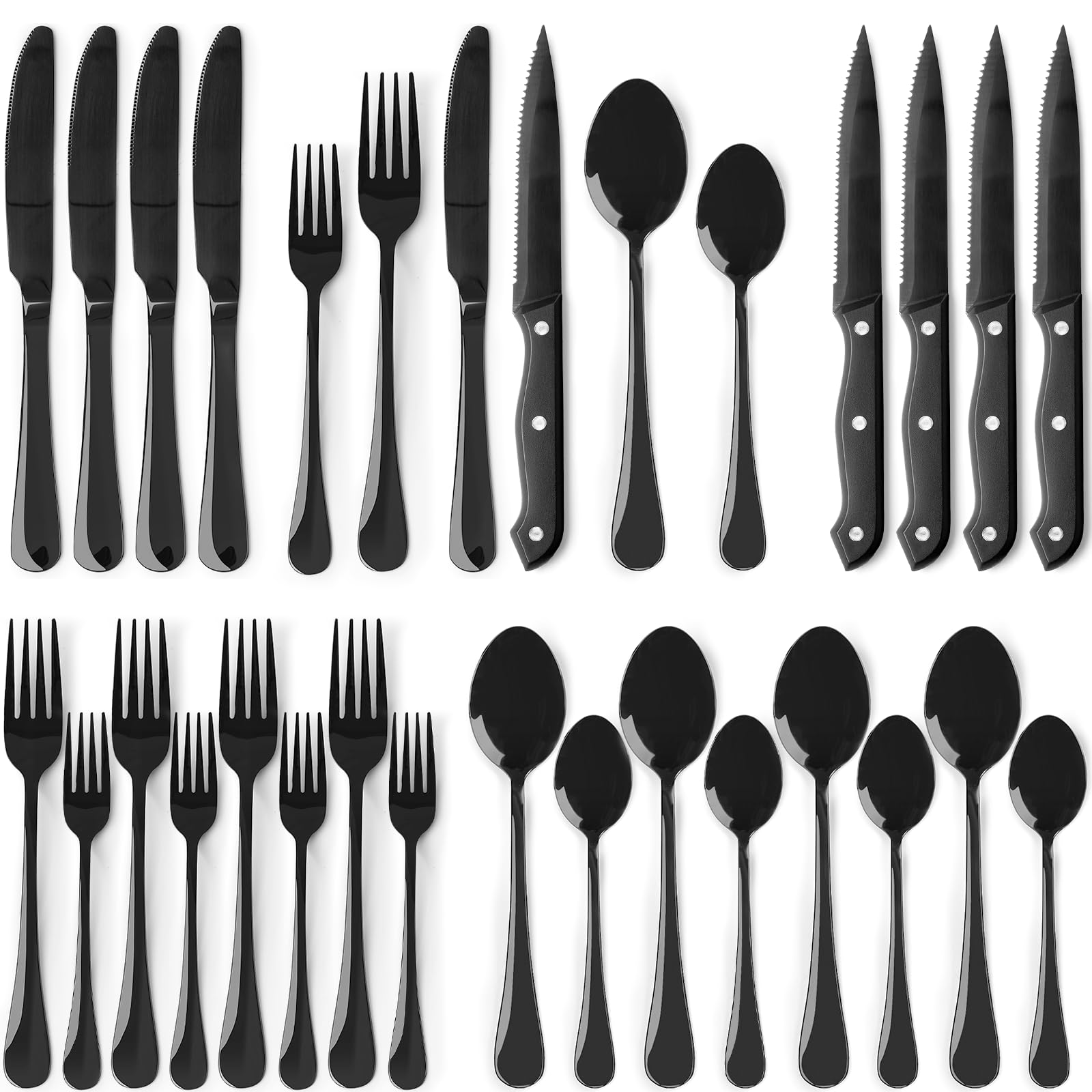 Astercook juego cubiertos 24 piezas negro plata, cuchillos bistek, ideal para cenas familiares.