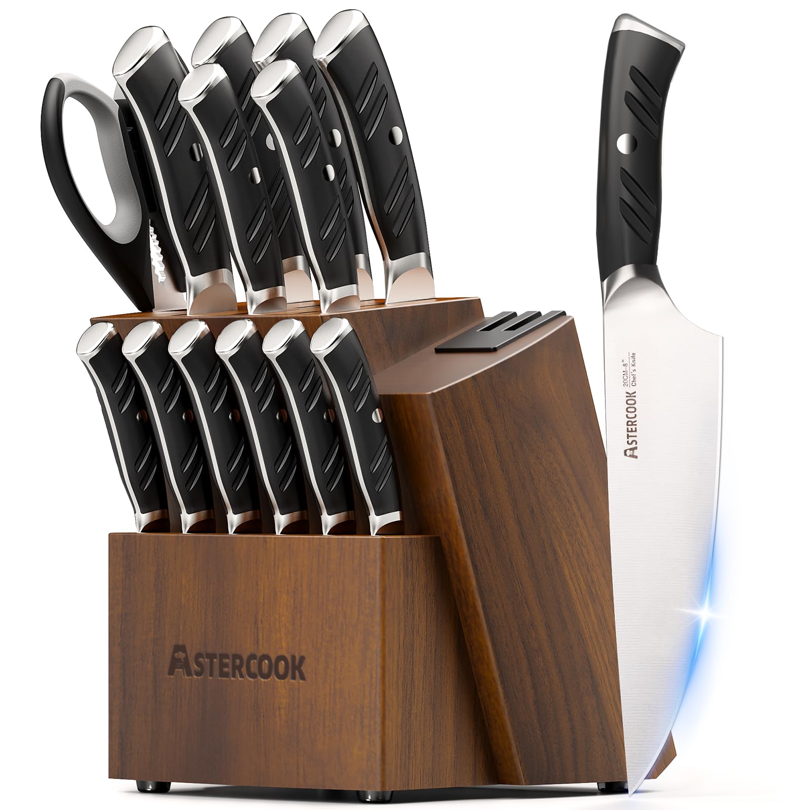 Juego de cuchillos Astercook 15 piezas con bloque y afilador dual para cocina.
