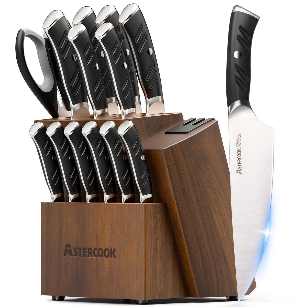 Juego de cuchillos Astercook 15 piezas con bloque y afilador dual para cocina.
