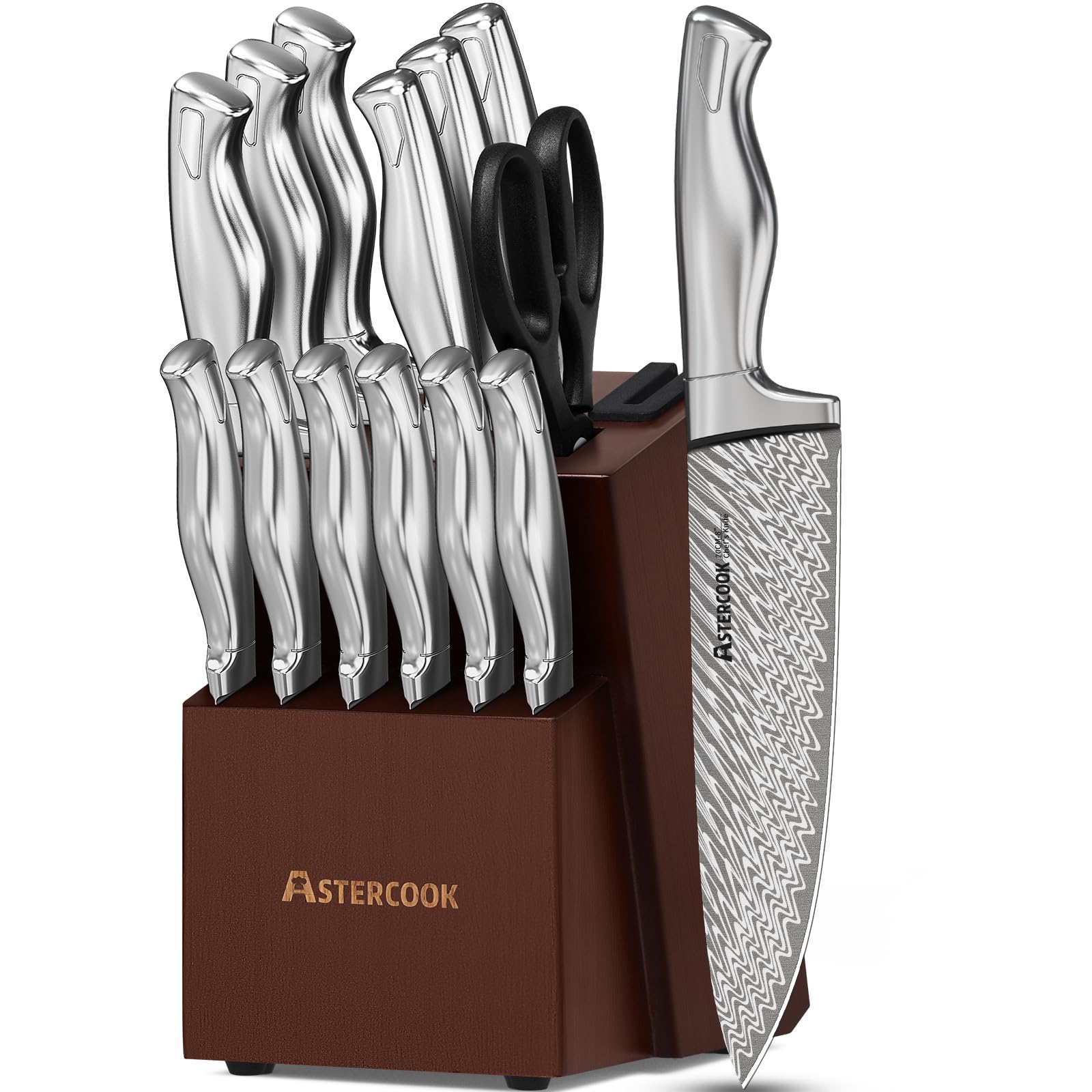 Astercook juego de cuchillos 15 piezas con bloque y afilador, filo listo para uso diario.