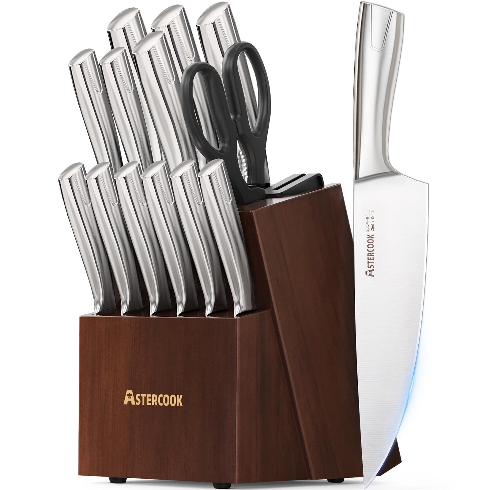 Astercook juego de cuchillos 15 piezas con bloque de madera, almacenamiento seguro y acceso rápido